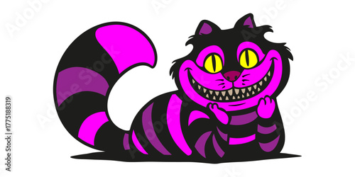 A cat with a wide smile and bared teeth, a fabulous tabby cat. Vector illustration on a transparent background.
