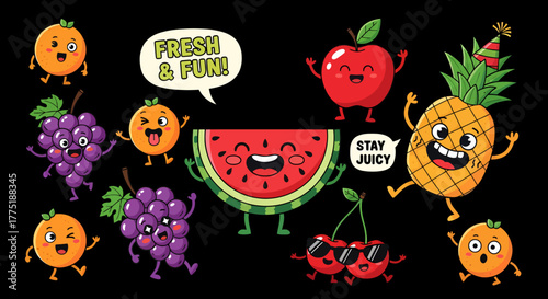 Vibrant Cartoon Fruits A Playful Collection of Smiling Oranges, Grapes, and More on Black