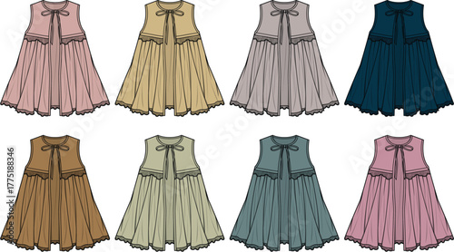 Various colors and styles of a short-sleeved dress with ruffles and a tie in the back displayed in an 8-panel grid format