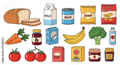 A colorful collection of fresh groceries and food items arranged on a white background, featuring produce, dairy, and pantry staples