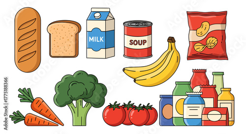 Assortment of Food Items Bread, Milk, Soup, Fruits, Vegetables, and Snacks in a Vector Graphic