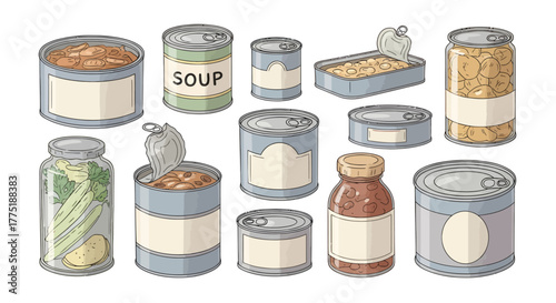 Assortment of diverse canned goods and jarred foods, illustrating essential pantry staples for home kitchens, long-term food preservation, and convenient meal preparation