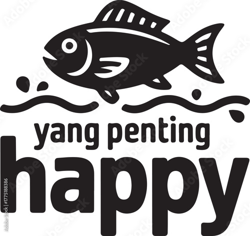 Black fish jumping over waves with text yang penting happy water splash