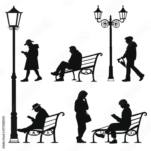 A collection of black silhouette illustrations showing people sitting on benches in various poses and styles. Each silhouette depicts a different individual some sitting relaxed, others leaning.
