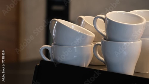 Panning video showing a neatly stacked group of white ceramic coffee cups placed on a machine or counter in a cozy café environment.
