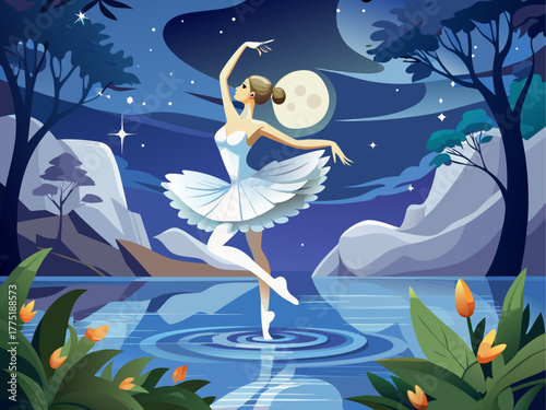 A graceful swan in a silver ballet dress performs a pirouette on calm water under moonlight, exuding beauty, balance, and serenity, detailed vector illustration