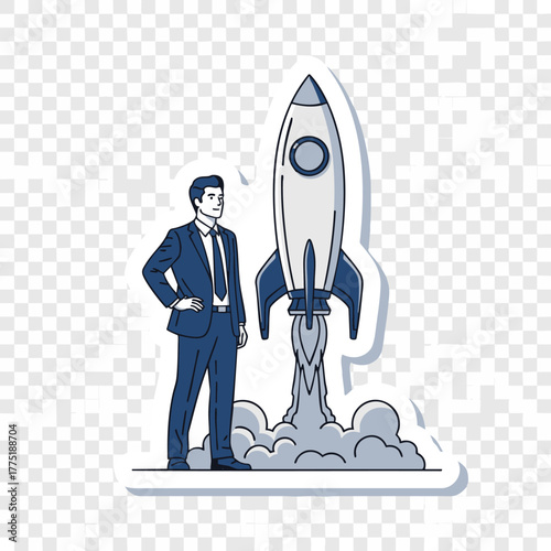 Ambitious businessman watching a rocket launch, a powerful metaphor for a successful startup, innovation, and rapid career development