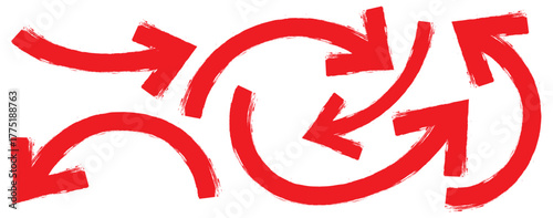 Set of Hand drawn vector arrows doodle on white background. Hand-drawn brush stroke arrows. Vector grunge brush style arrow pointers. red paint brush hand drawn arrow in grunge style. Long curve arrow