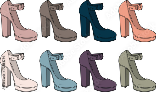 Collection of stylish high heels in various colors, perfect for fashion and design projects