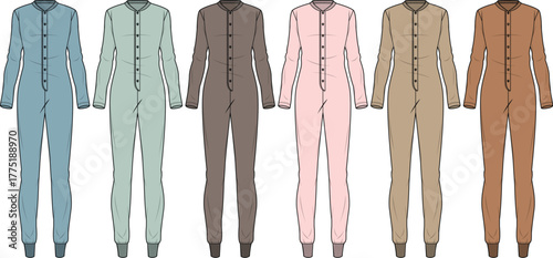 Variety of One-Piece Pajamas in Different Colors Displayed in a Row