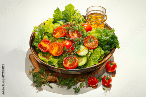 healthy salad with tomatoes, cucumbers, corn, lettuce, vegetables, and olive oil vector illustration for fresh food and diet meal concept