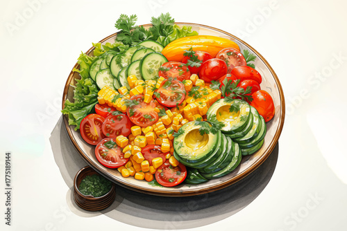 healthy salad with tomatoes, cucumbers, corn, lettuce, vegetables vector illustration for fresh food and diet meal concept
