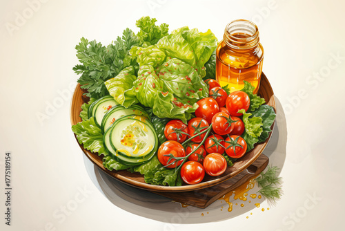 healthy salad with tomatoes, cucumbers, corn, lettuce, vegetables, and olive oil vector illustration for fresh food and diet meal concept
