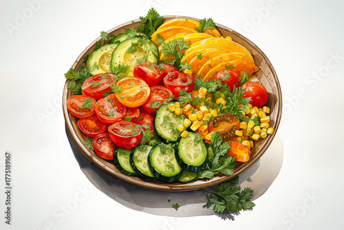 healthy salad with tomatoes, cucumbers, corn, lettuce, vegetables vector illustration for fresh food and diet meal concept