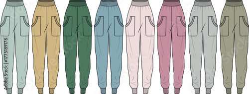 A comprehensive vector collection of unisex jogger pants technical flat sketches in a range of solid colors, ideal for fashion design templates and casual wear apparel concepts