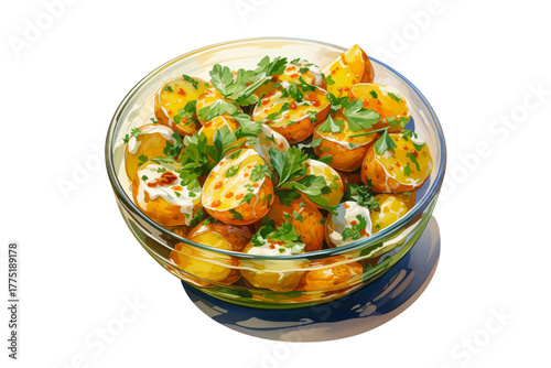 potato salad with mayonnaise, sour cream, and vegetables vector illustration for homemade food and lunch meal concept