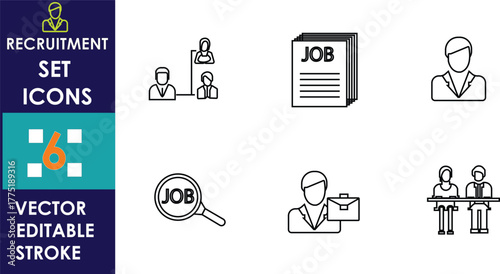 Set of six recruitment vector icons featuring job search, hiring process, employee selection, resume, interview, and magnifying glass, designed with simple editable stroke style