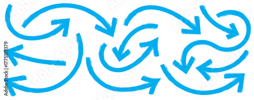 Various bold brush drawn curved arrows. Collection of blue doodle marker thick arrows. Blue Hand drawn brush stoke arrow set. Hand drawn bold arrows set. Big set of chalk pencil, brush stroke arrows