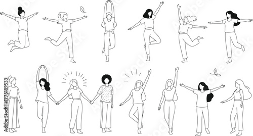 Empowered women illustration—fourteen expressive female figures in joyful poses with motion accents, minimalist black-and-white line art vector