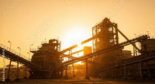 Silhouette of a large mining and ore processing plant with conveyor belts and industrial structures against a warm, golden sunset.