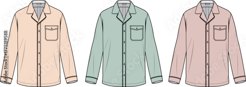 Long-sleeve pajama tops vector flat sketch. Classic sleepwear shirts with notched collar, button front, and chest pocket, in soft pastel colors for comfort and relaxation