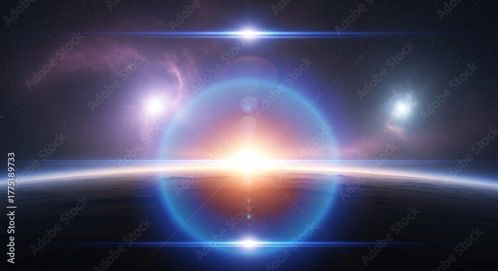 Obraz premium Sunrise over alien planet horizon with space nebula and lens flare