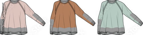 Set of three different colored raglan sleeve tops with a contrasting hemline and elbow patch