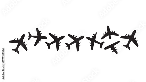 Silhouetted airplane icons in a row flat vector illustration for travel and transportation concepts isolated on white background