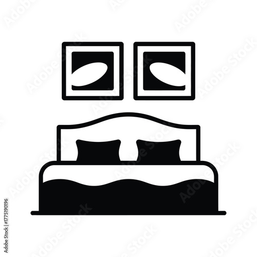 Simple icon of a bed with two framed pictures above