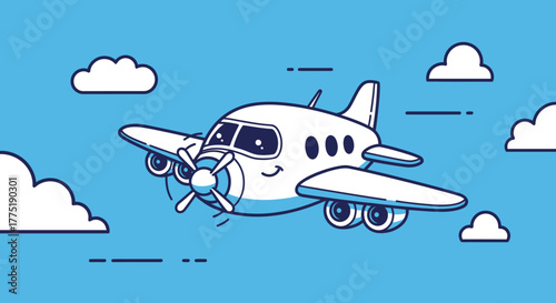 Cartoon airplane with a smiling expression soars through the sky surrounded by fluffy clouds