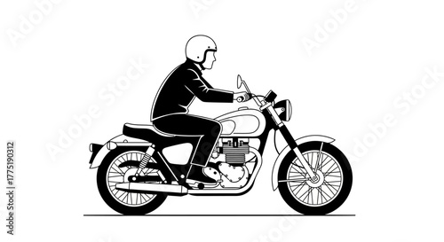 Monochrome illustration showcasing a person riding a classic-style motorcycle in profile with