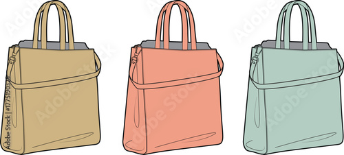 Elegant women's handbag collection in beige, coral, and mint. Versatile fashion accessory vector art for style concepts