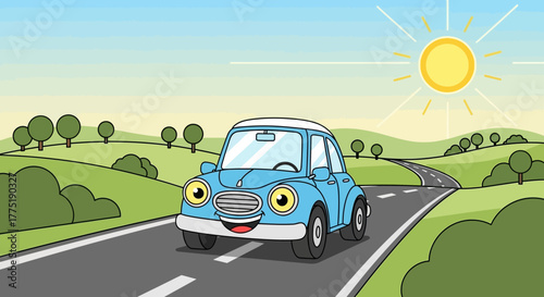 Cheerful cartoon car drives on scenic route under sunshine through rolling hills landscape