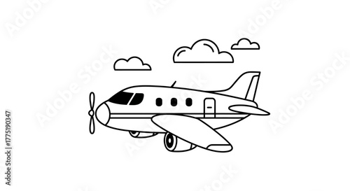 Aviation Line Art: Charming Airplane Flying Through Fluffy Clouds in Outline Style