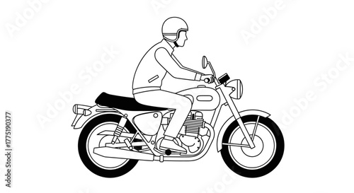 Stylized Line Drawing of a Motorcyclist on a Classic Bike for Commercial use
