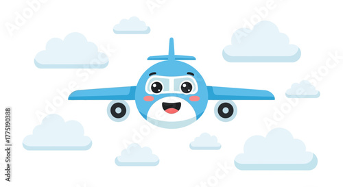 Whimsical blue cartoon airplane soars among fluffy white clouds creating a cheerful atmosphere