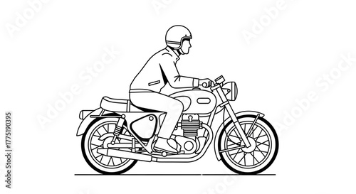 Detailed line art illustration of a motorcyclist on a vintage motorbike for design projects