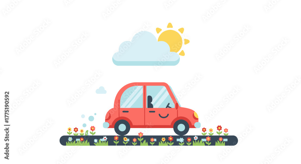 Naklejka premium Cheerful journey: A cute cartoon car amidst flowers under the sunny cloud scenery
