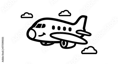 Cartoon airplane illustration, line drawing of a plane for children's books or educational materials