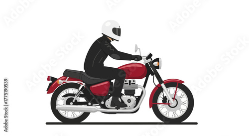 Illustration of a Motorcyclist Riding a Classic Red Motorcycle on White Background