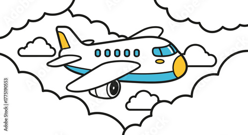 Cartoon airplane flying among clouds, simple vector illustration for children book travel adventure