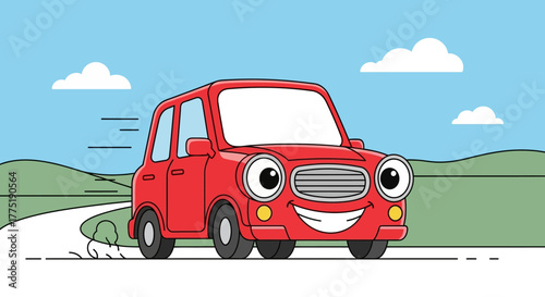 Cartoon red car with happy face on a road trip against a scenic landscape backdrop