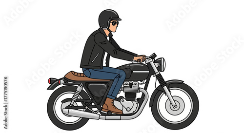 Illustration of a motorcyclist with helmet and jacket, riding on a motorbike, isolated on a white