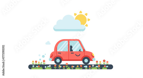 Cheerful journey: A cute cartoon car amidst flowers under the sunny cloud scenery