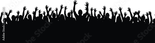Silhouette crowd cheering with raised hands, black vector people group, concert audience, protest unity, cad drawing flat vector illustration