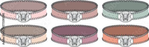 A diverse collection of illustrated fashion bracelets in six unique color variations, each featuring an elegant metal clasp and intricate stitching, perfect for style and accessory design concepts