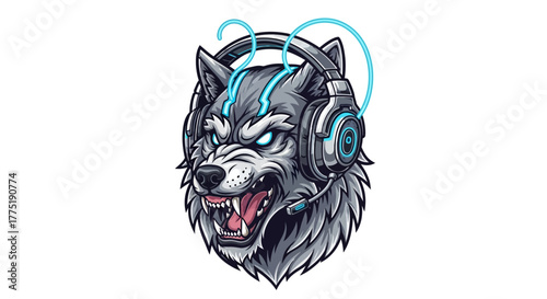 Fierce wolf with glowing blue neon headphones and microphone roars powerfully, embodying gaming intensity and esports dominance for digital creators.