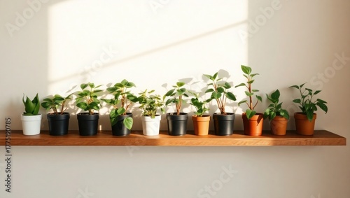 Potted plants arranged on a wooden shelf sunlit