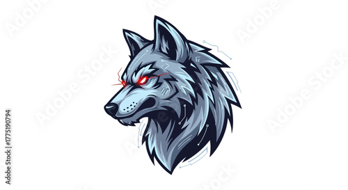 Dynamic cybernetic wolf head with intense glowing red eyes and futuristic digital circuit patterns, exuding power and technological prowess