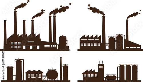 Industrial factory silhouette, pollution smoke stacks, manufacturing plant illustration, energy production, environmental impact, factory buildings, industrial complex, black vector design.